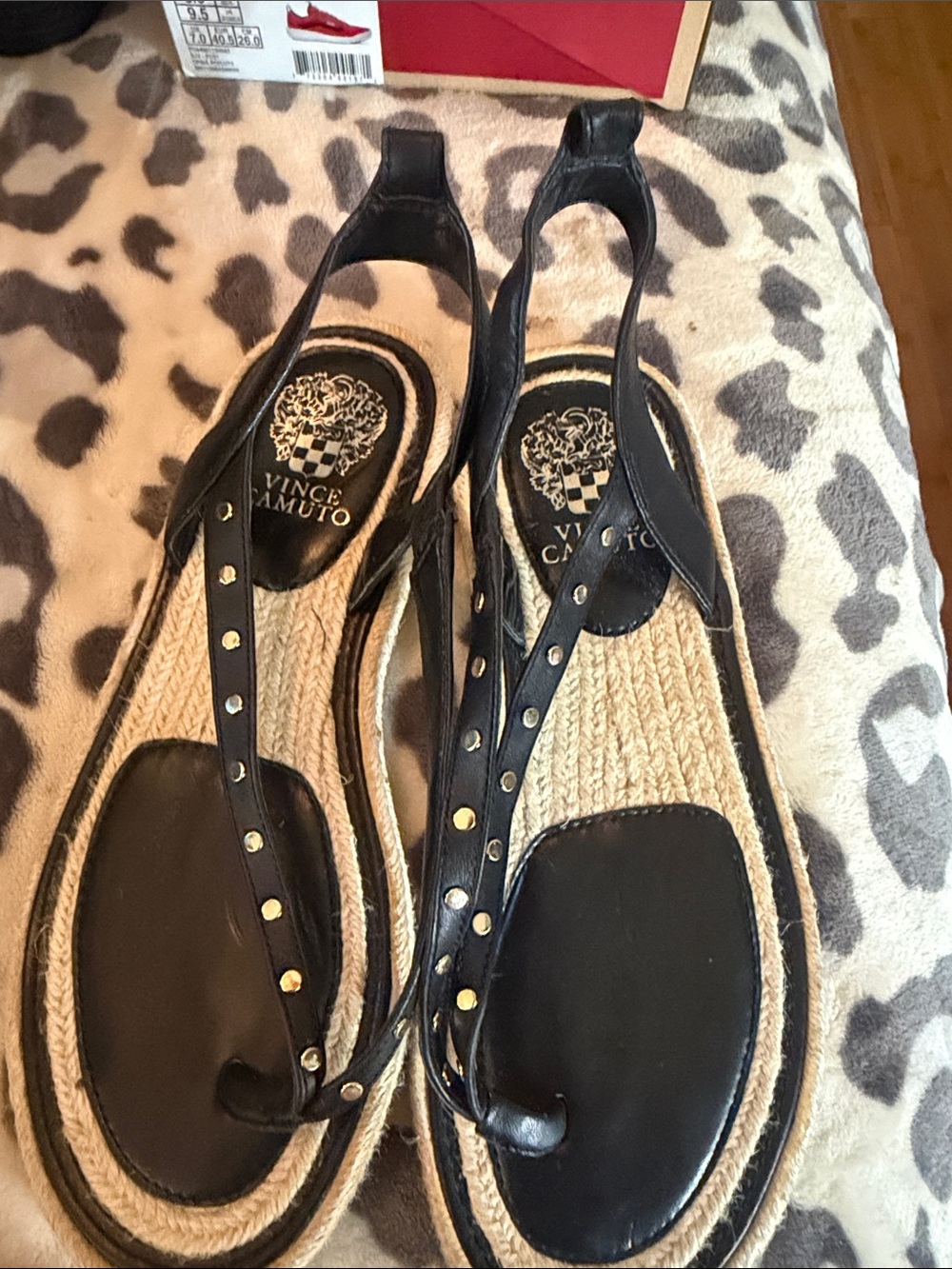 Vince Camuto Aeronta Black Leather Studded Espadrille Sandals